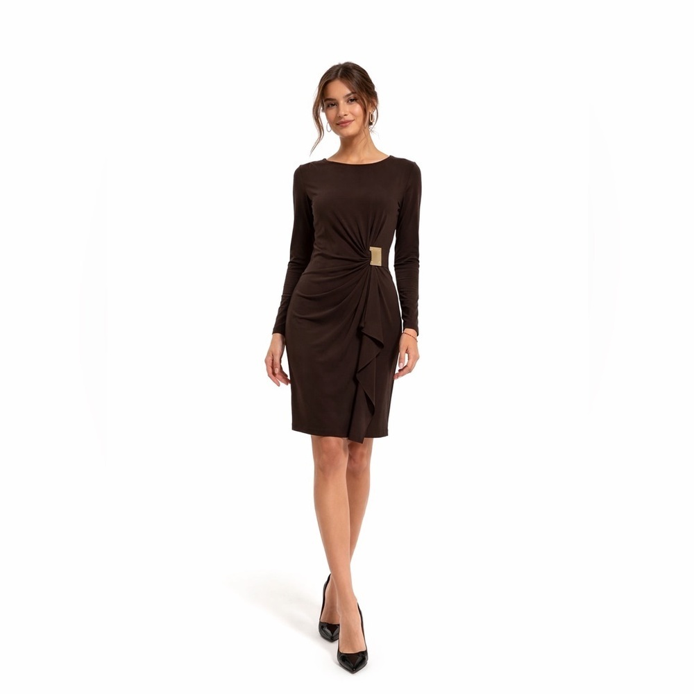 Michael Kors Faux Wrap Dress Brown Gold MK Buckle NWT M